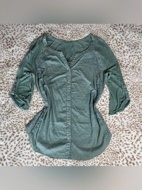 Nine West Sage Green Button-Down Lace Trim Top